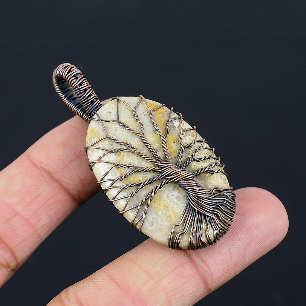 Tree Of Life Fossil Coral Gemstone Pure Copper Wire Wrapped Handmade Pendant Jewelry