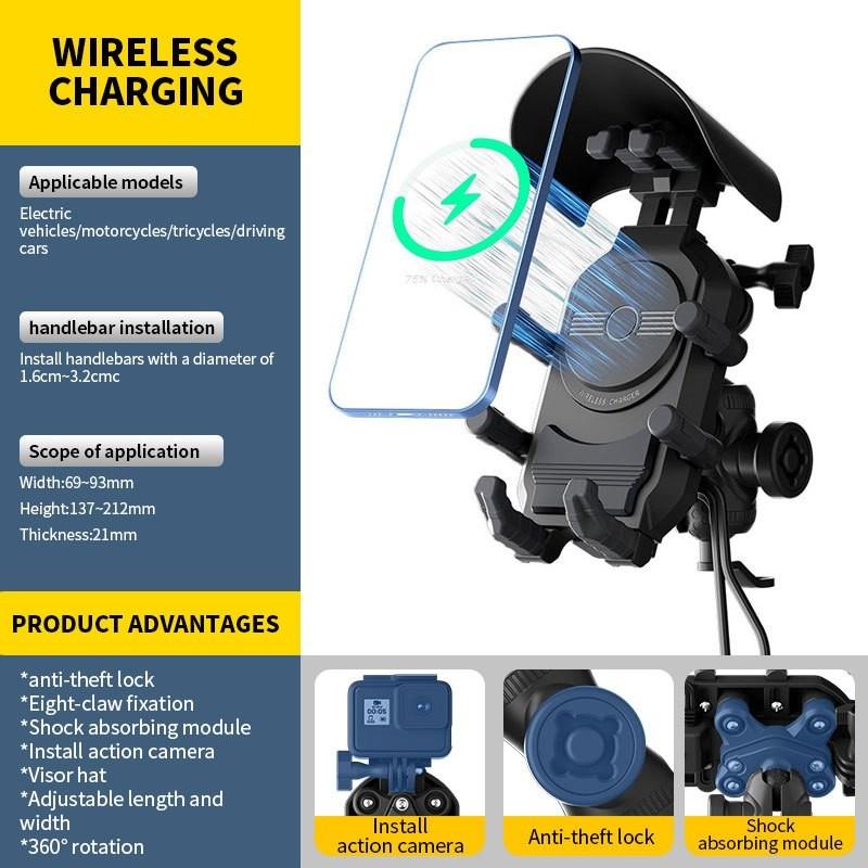 Motorcycle Wireless Charging Phone Holder Triple Shockproof Motorcycle Camera Phone Stand Fast Charging Anti-Theft Brackrt