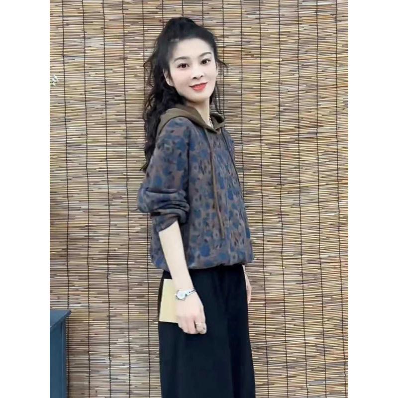 Women's Spring Autumn New Style Retro Fashion Casual Printed Hooded Sweatshirt Loose Slim Fit Stylish Base Layer Top