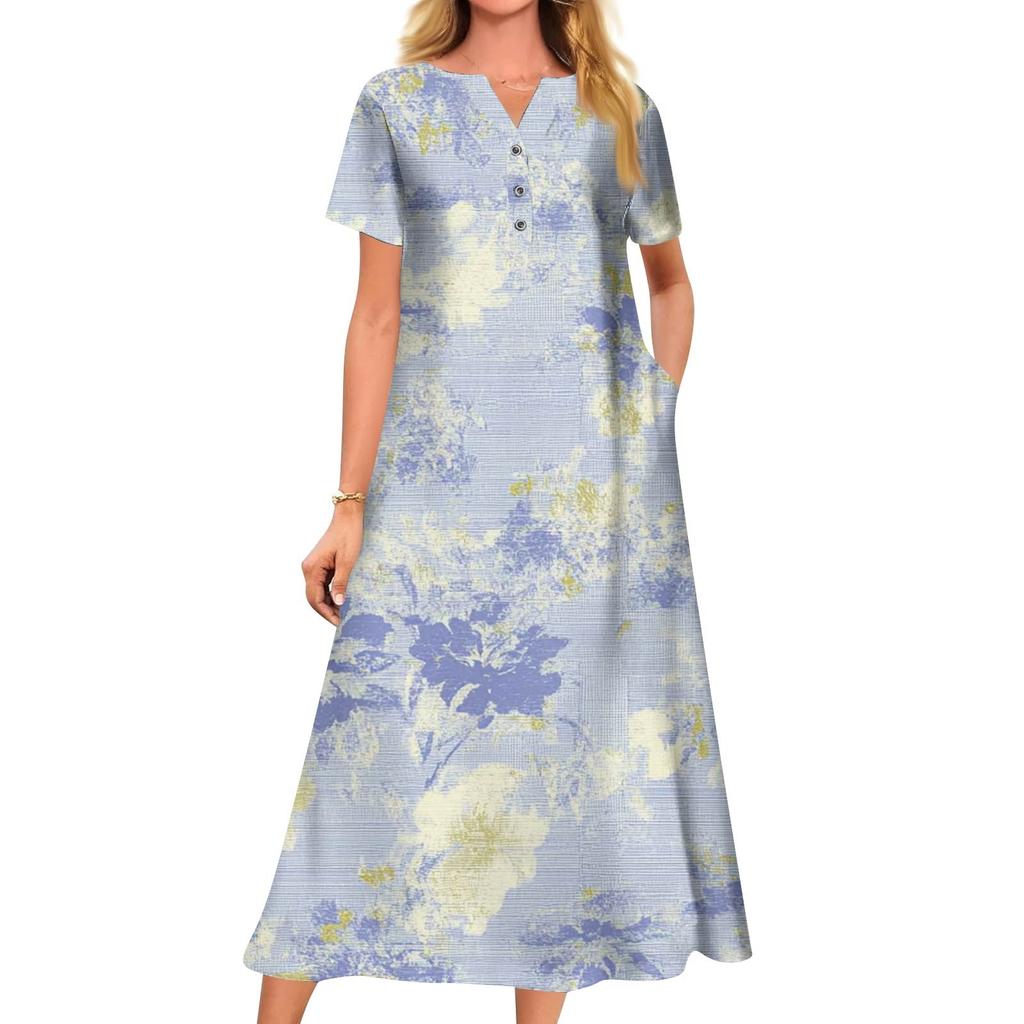 Abito scampanato a maniche corte con scollo a V stampato casual estivo da donna