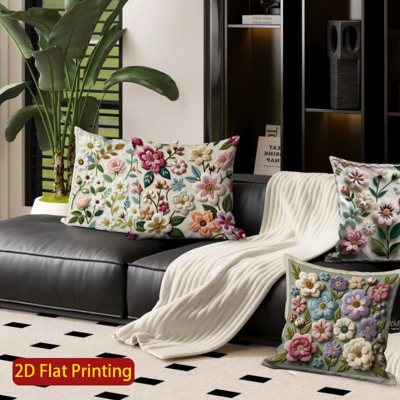 2D Vintage 3D Embroidered Floral Throw Pillow Covers Pattern Cushion Cover Suitable For Sofa Bedroom Car Pillow Cover