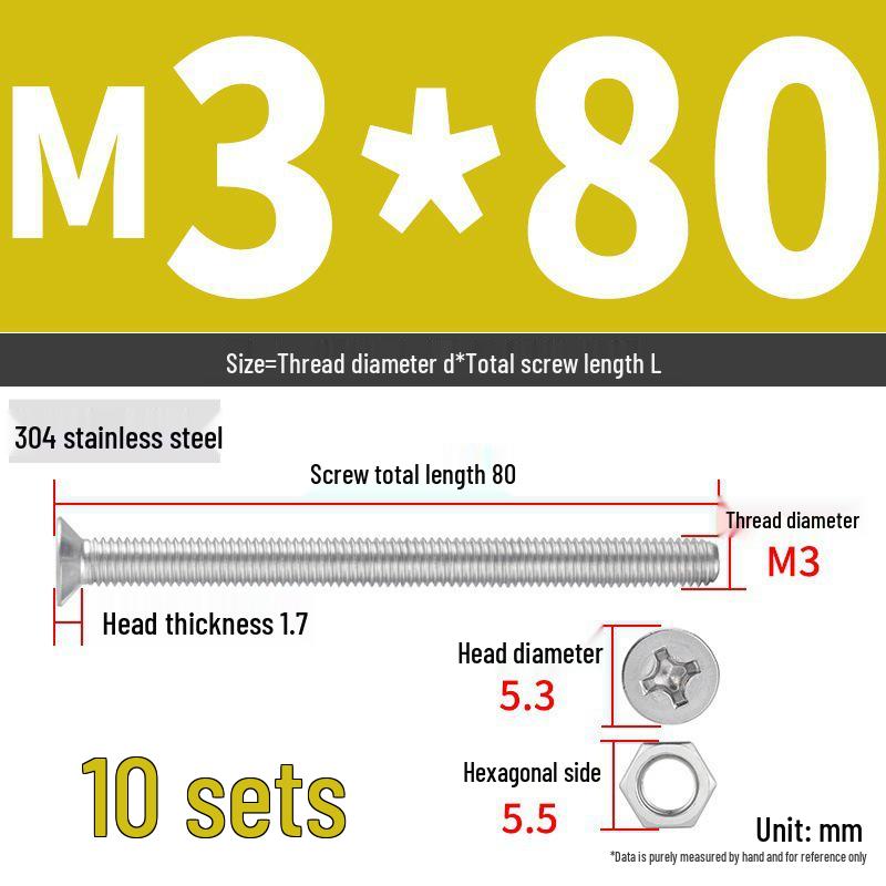 304 Stainless Steel Extra Long Phillips Flat Head Screws and Nuts Set (2M, 3M, 4M)