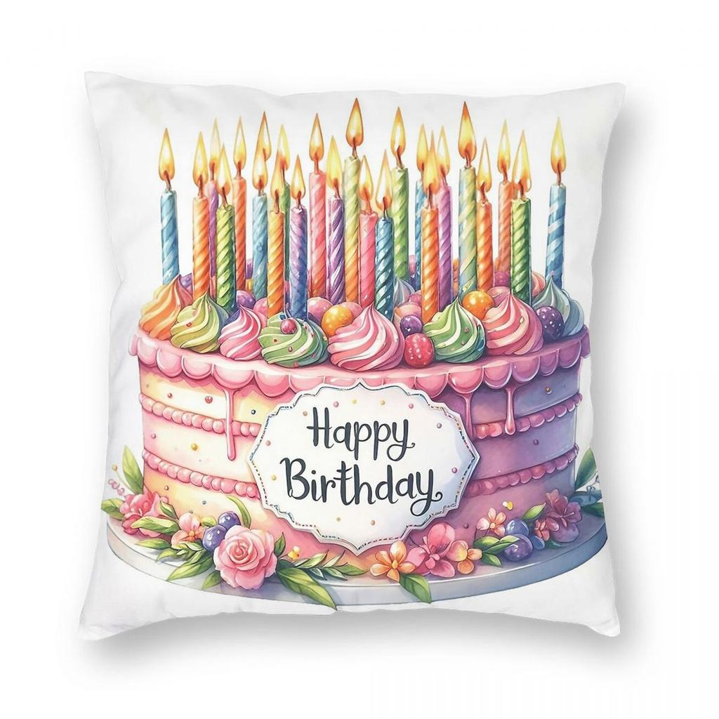 Happy Birthday Cake With Candles Square Pillowcase Polyester Linen Velvet Printed Decorative Pillow Case Bed Cushion Cover