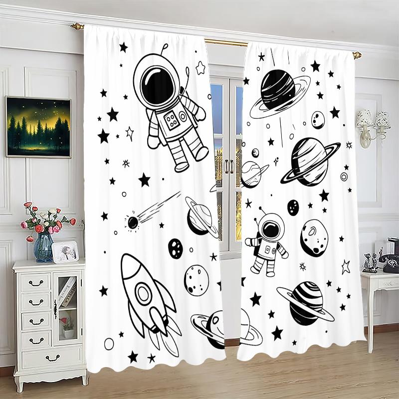 Astronaut Rocket -2 pieces - Printed curtain, 100% polyester, suitable for home decor (excluding rods)
