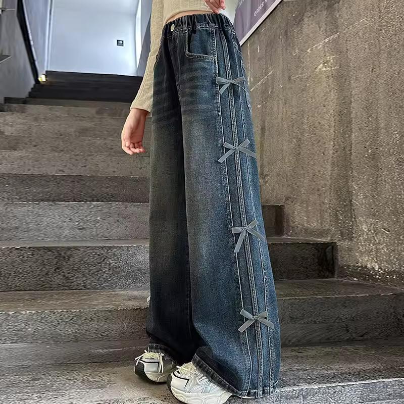 Девичьи осенне-зимние утепленные джинсы высокого качества с узором в виде бантиков 170