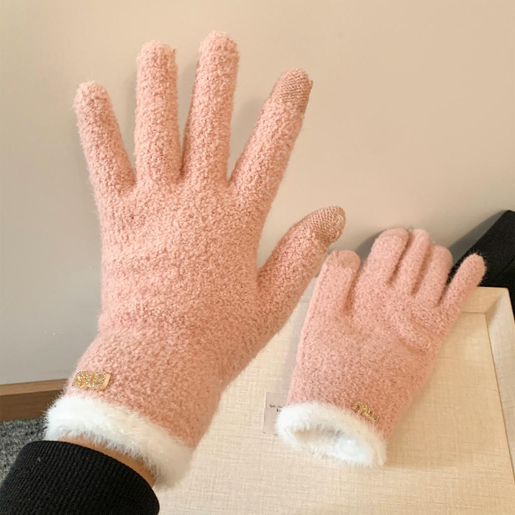Simple solid color plush five-finger plush warm gloves women's winter versatile riding windproof and cold-proof can touch the screen students