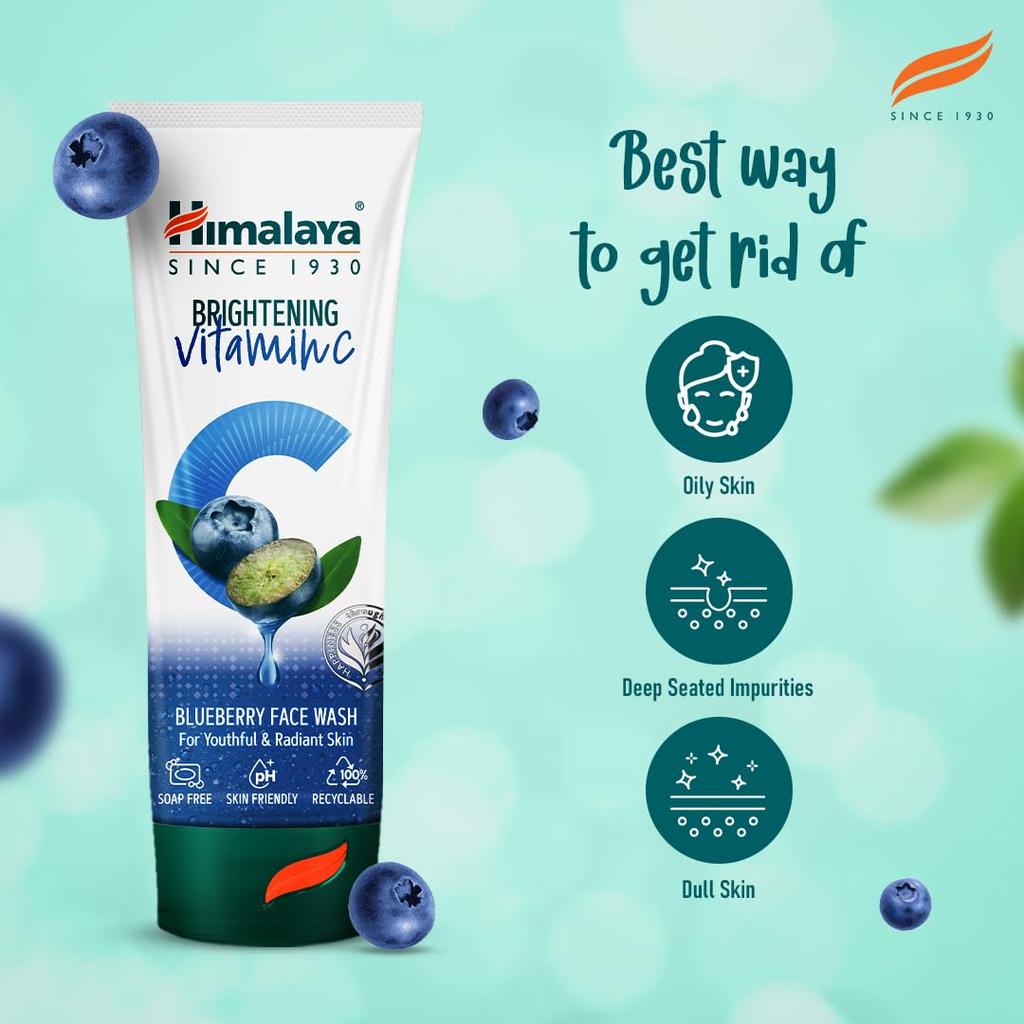 Himalaya Brightening Vitamin C Blueberry Face Wash 50ml Single Pack for Dull Skin Radiance