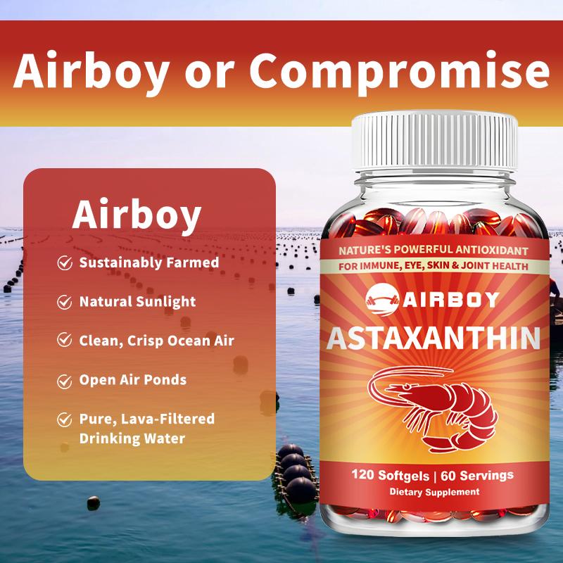 Airboy Natural Haematococcus pluvialis Astaxanthin: Supports eye skin, joint immunity, and vascular health; suitable for adults.