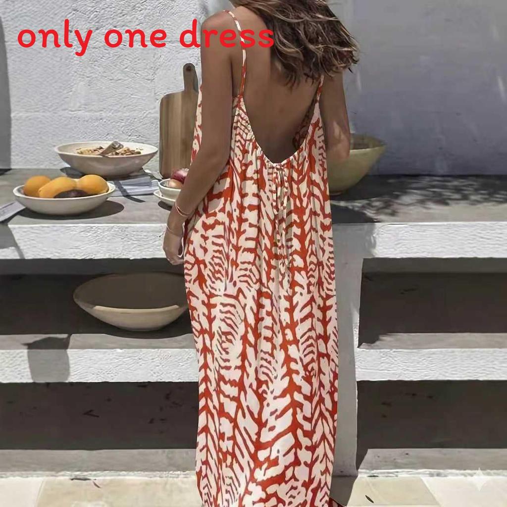 Maxi Abito Estivo Stampato Senza Schiena con Spalline Annodate per Uso Casual in Vacanza al Mare