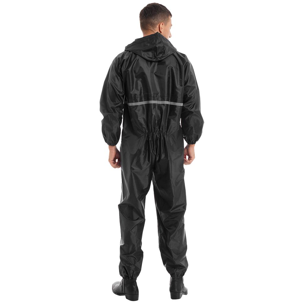 Tuta Impermeabile da Uomo Striscia Riflettente Tuta da Pioggia Manica Lunga Design con Cappuccio Copertura Cerniera Impermeabile Abbigliamento da Lavoro per Esterno