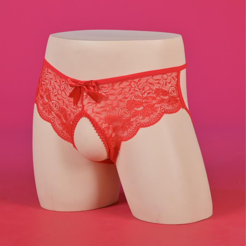 Women Sexy Underwear Lace Hollow Transparent Elastic Panties Men Sissy Lingerie Open Crotch Perspective G-String Thongs String