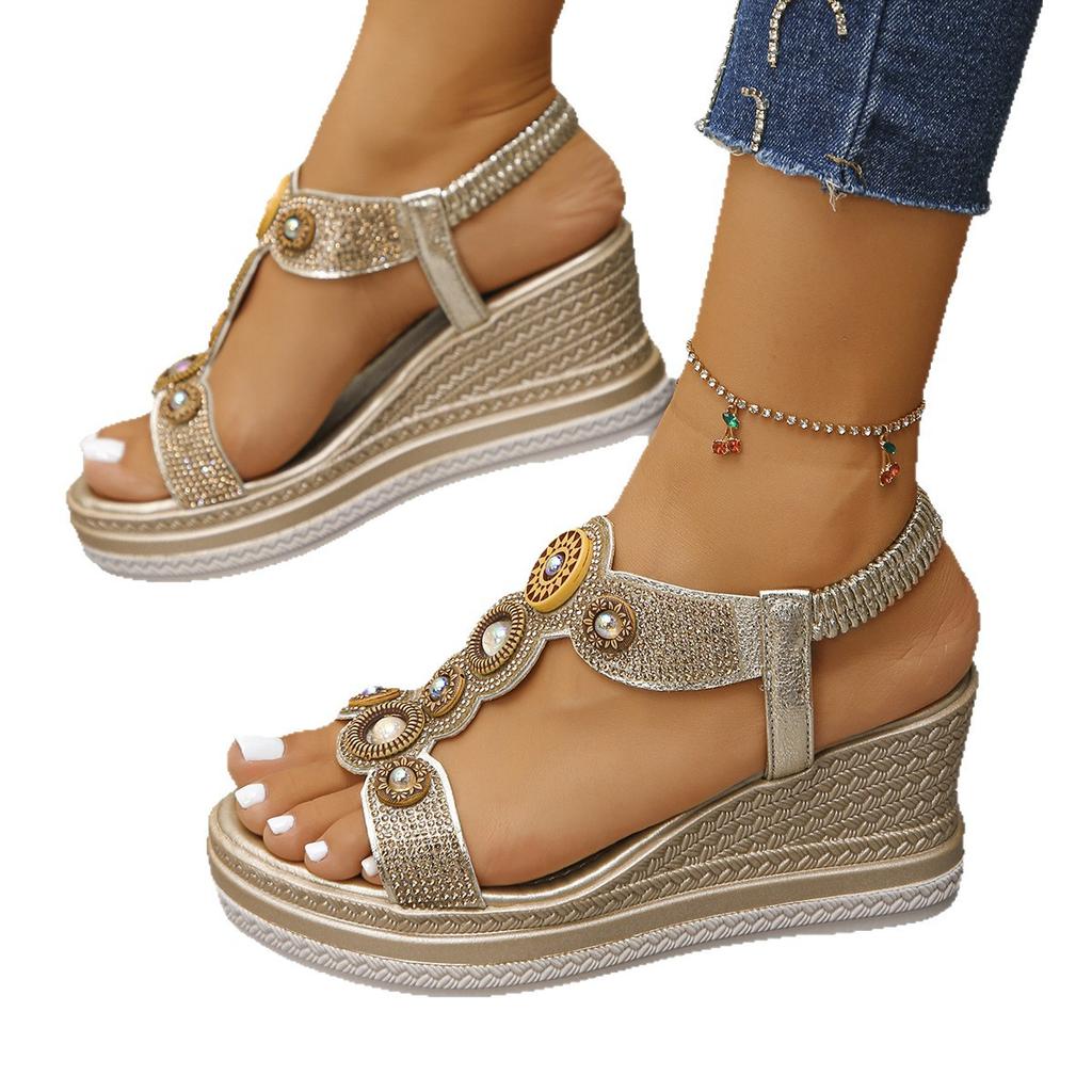 Fashion Fashion Crystals Wedges Heel Sandals Women Summer Chunky Platform Bohemian Sandalias Mujer Slip On High Heels Sandles Female 43