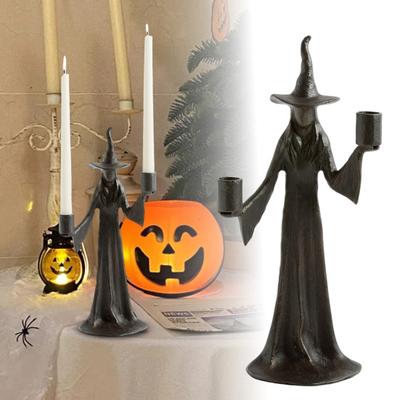 Halloweenský svícen čarodějnice Ručně vyrobená černá soška čarodějnice 8,66 palce Retro svícen čarodějnice Halloweenská podzimní dekorace