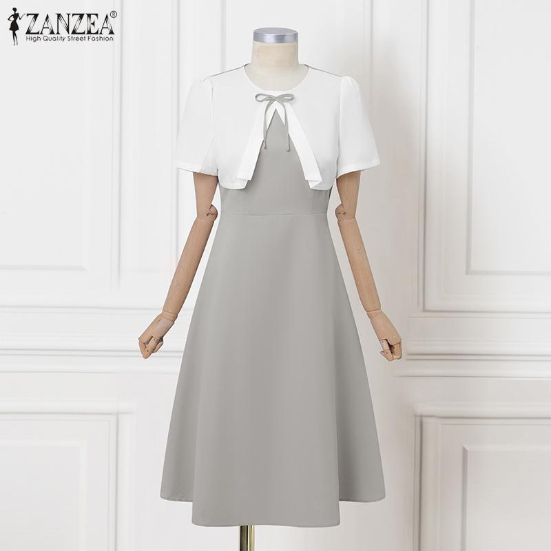 ZANZEA Women Casual Round Neck Short Sleeve Patchwork Dress Summer