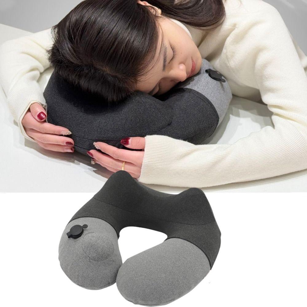 Foldable Press Type Inflatable Travel Pillow Washable Lightweight Double Hump Neck Pillow With Storage Bag Detachable