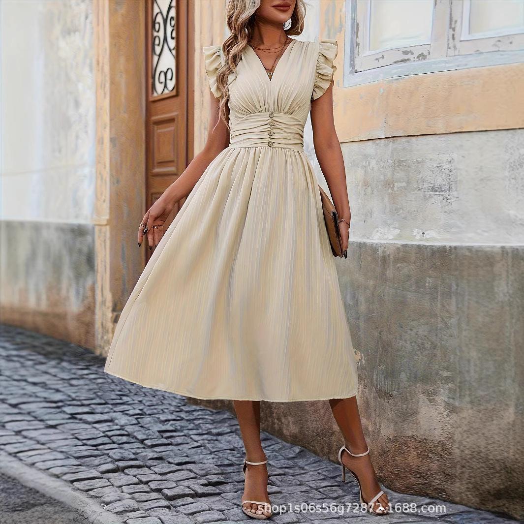 Women s Beige V Neck Ruffle Detail Midi Dress with Button Front S абрикосовый