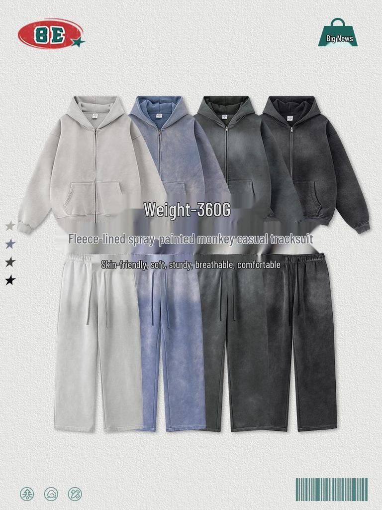 BE Winter 2025 Men's American Trend Plus Velvet Hooded Sweatshirt & Straight Casual Pants Two-Piece Set
