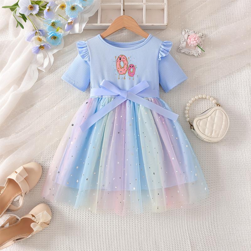 Girls Star Tulle DressCartoon Donut PrintCute Princess Party Dress with Bow, Short Sleeve Summer Dress for Little Girls