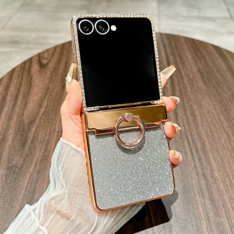 Star Goddess Glitter Diamond Ring Phone Case for Samsung Galaxy Z Flip 7 6 5 4 3 ZFlip7FE ZFlip6 5G Luxury 3-Piece Set Cover