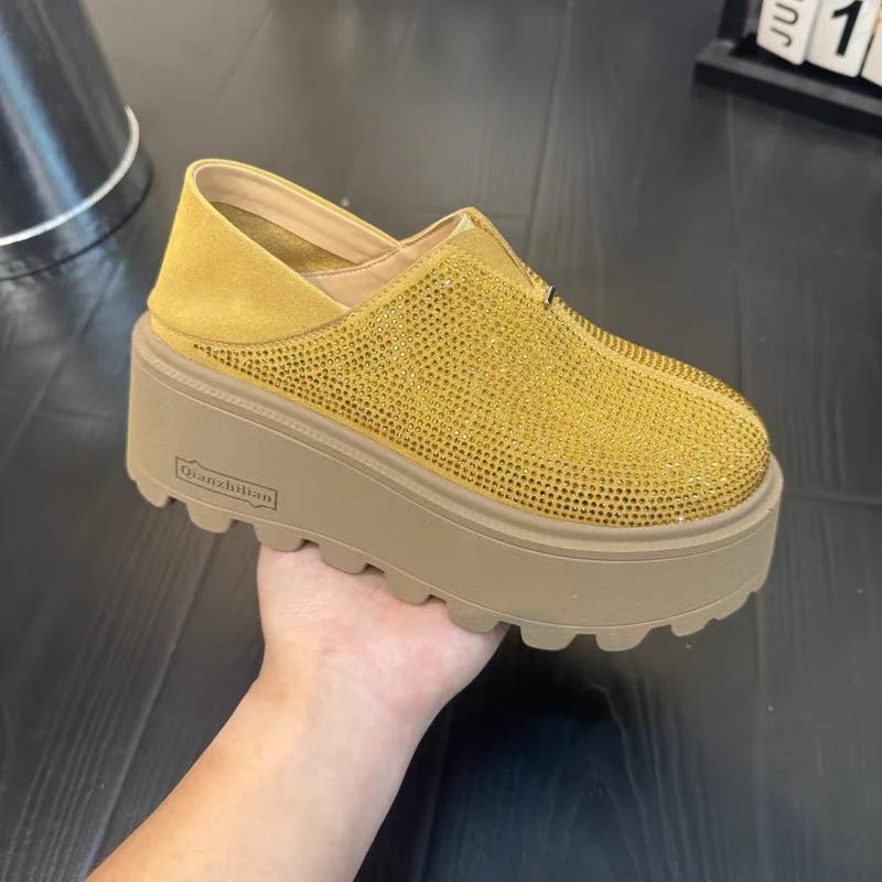 Women's Single Shoes Thick Sole Round Toe Rhinestones Heel Can Be Stepped on Bread Shoes Leisure One Kick Zapatillas De Mujer