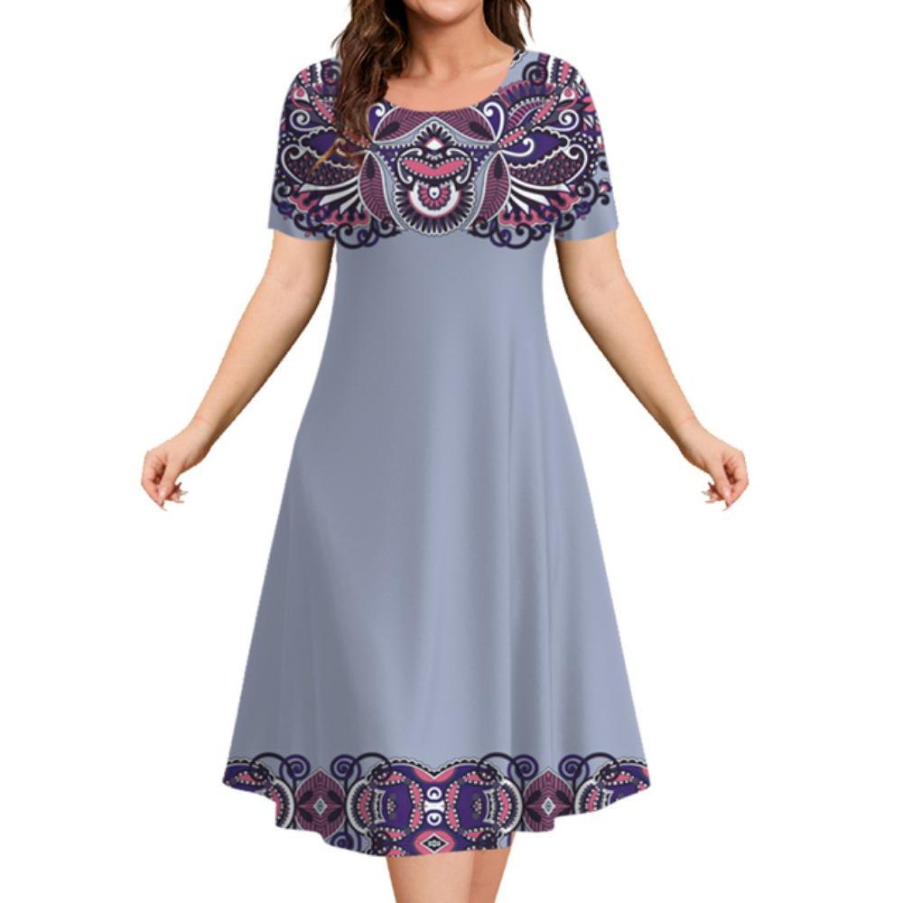 2026 Summer Fashion Ethnic Short-sleeved Mid-length Dress Women Retro Printed Luxury Dress