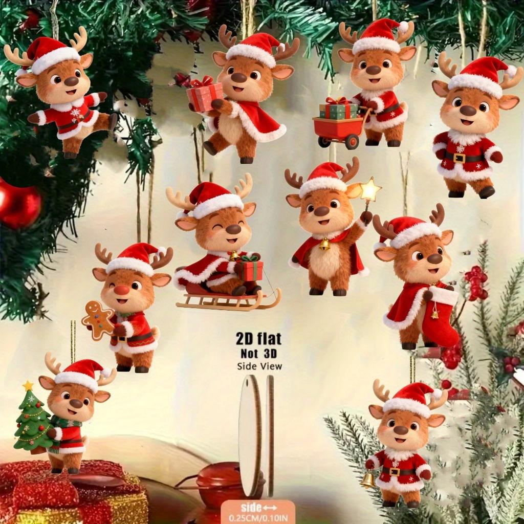 2D Flat 10Pcs Christmas Wooden Hanging Ornaments Tree Decorations for Home Holiday Party Festive Decor