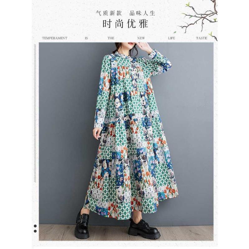New Large Size Loose Thin Fashion Long-sleeved Printed Mid-length Dresses
