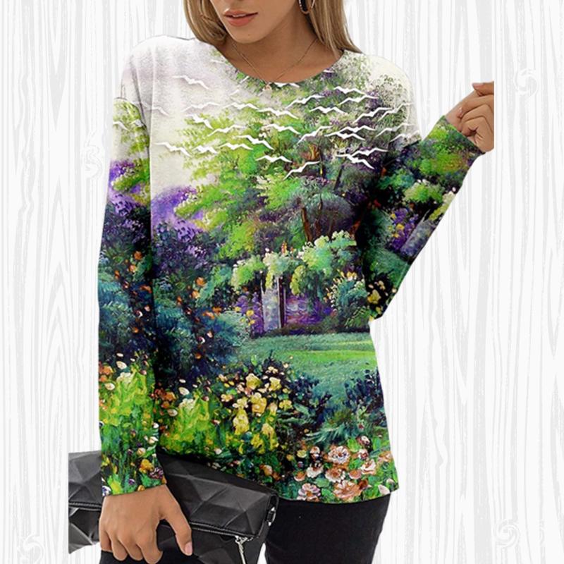 Tops de otoño para mujer, camiseta informal de manga larga con estampado de mariposas y gatos holgados, blusa superior