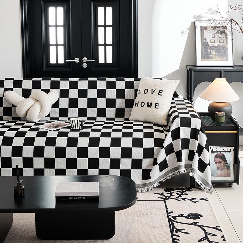 Retro Checkerboard Couch Towel Blanket Universal for All Seasons Tassel Two Side Sofa Towel Outdoor Camp Beach Towels Sofa Chair