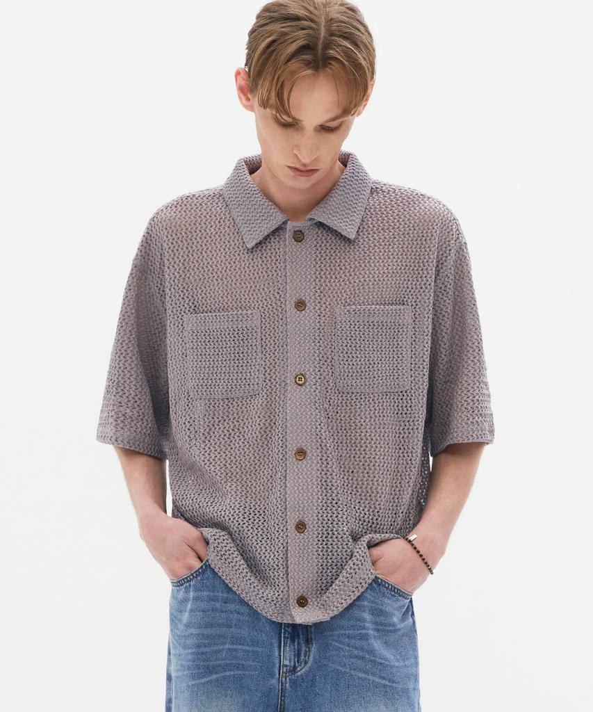 TRILLION Oversized Crochet Net Collar Short Sleeve Knit (Lavender)