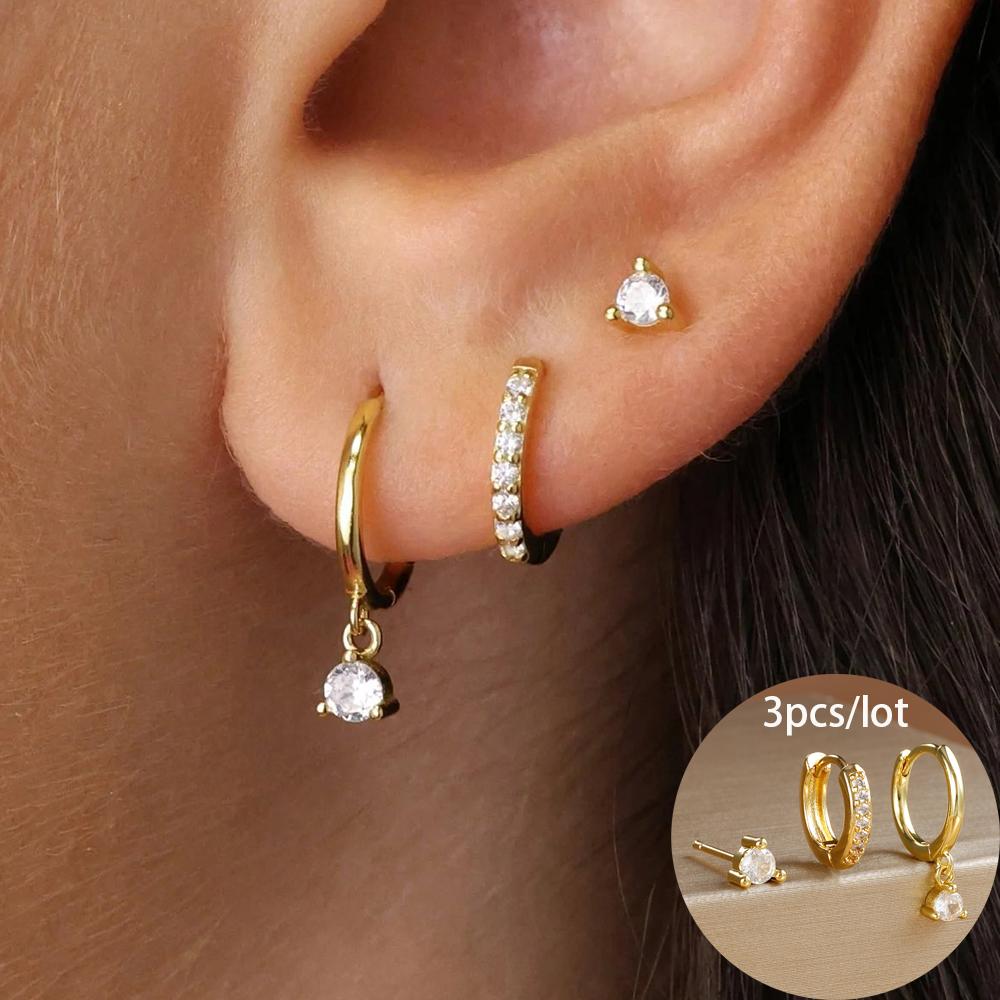 3 Piece Fashion Stainless Steel Round Star Drop Earrings Set for Women 18K Gold Plated Dangle Earring Punk Unisex Rock Zircon