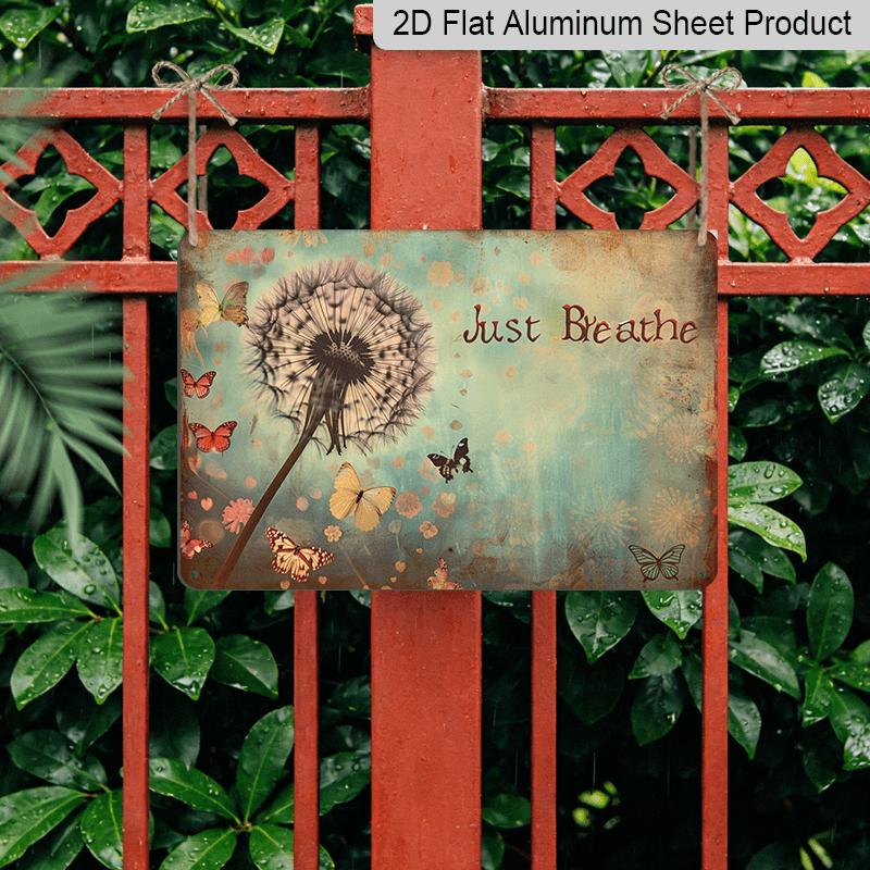 2D Flat Inspirational "Just Breathe" Dandelion Metal Wall Art, Vintage Aluminum Sign 12x8 Inch, Indoor Outdoor Hanging Decor for Home Office Cafe Bar
