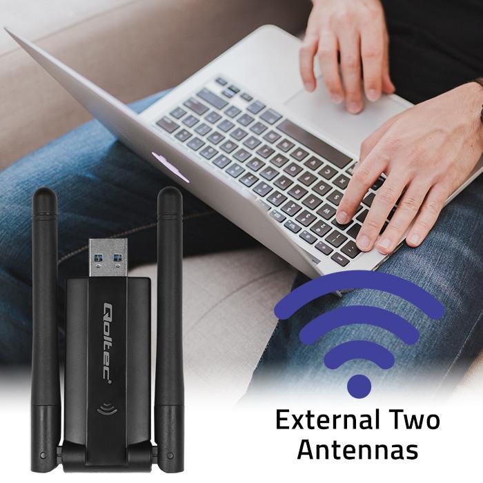 Karta Sieciowa Qoltec Bezprzewodowy Adapter USB DUAL WiFi 2 X 2dBi | Standard AC | USB 3.0 | 1200Mbps
