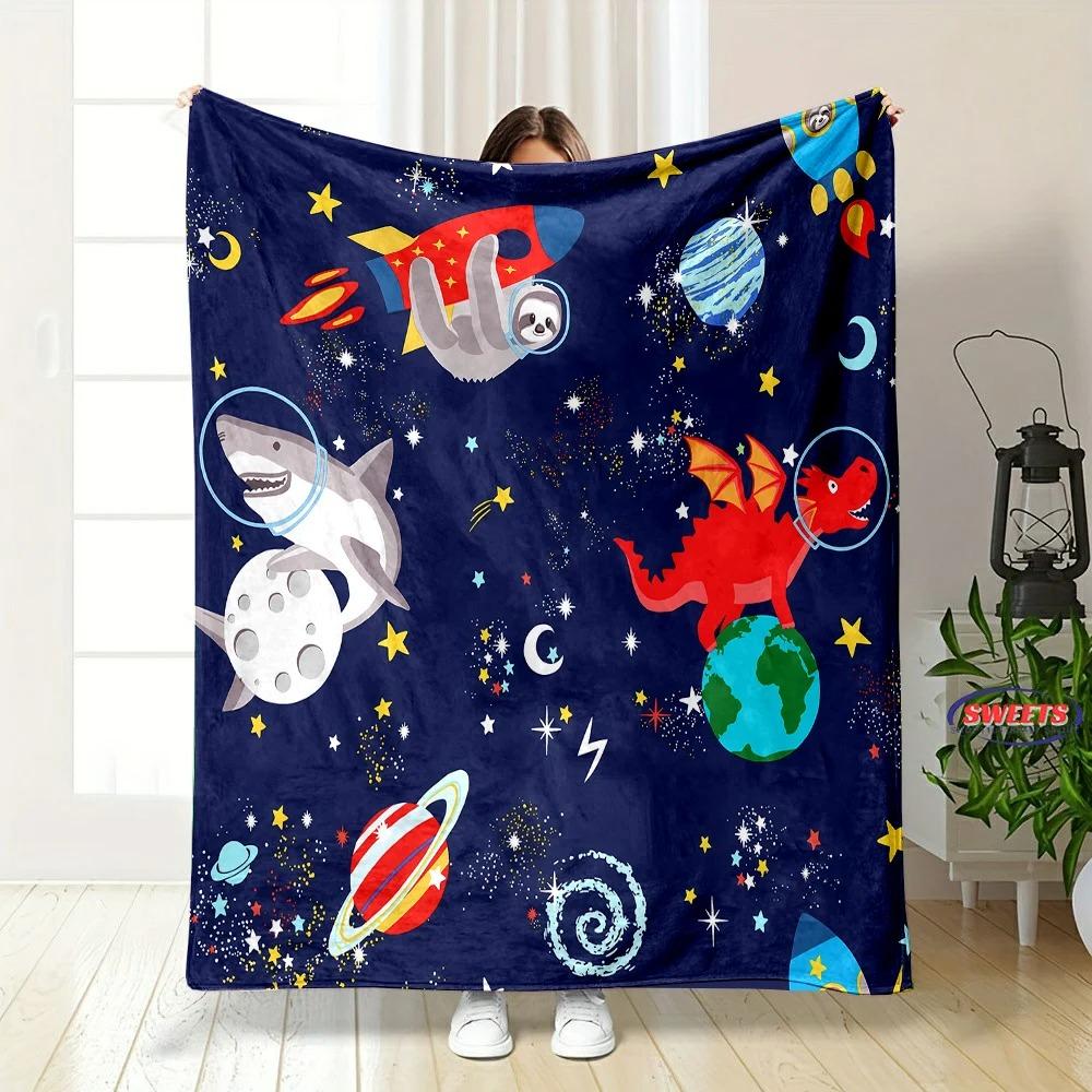 Cartoon Dinosaurier Weltraum Muster weiche Flanelldecke für Bett Schlafzimmer Sofa Picknick, Warme Überwurfdecke zum Zudecken Outdoor Freizeit Nickerchen