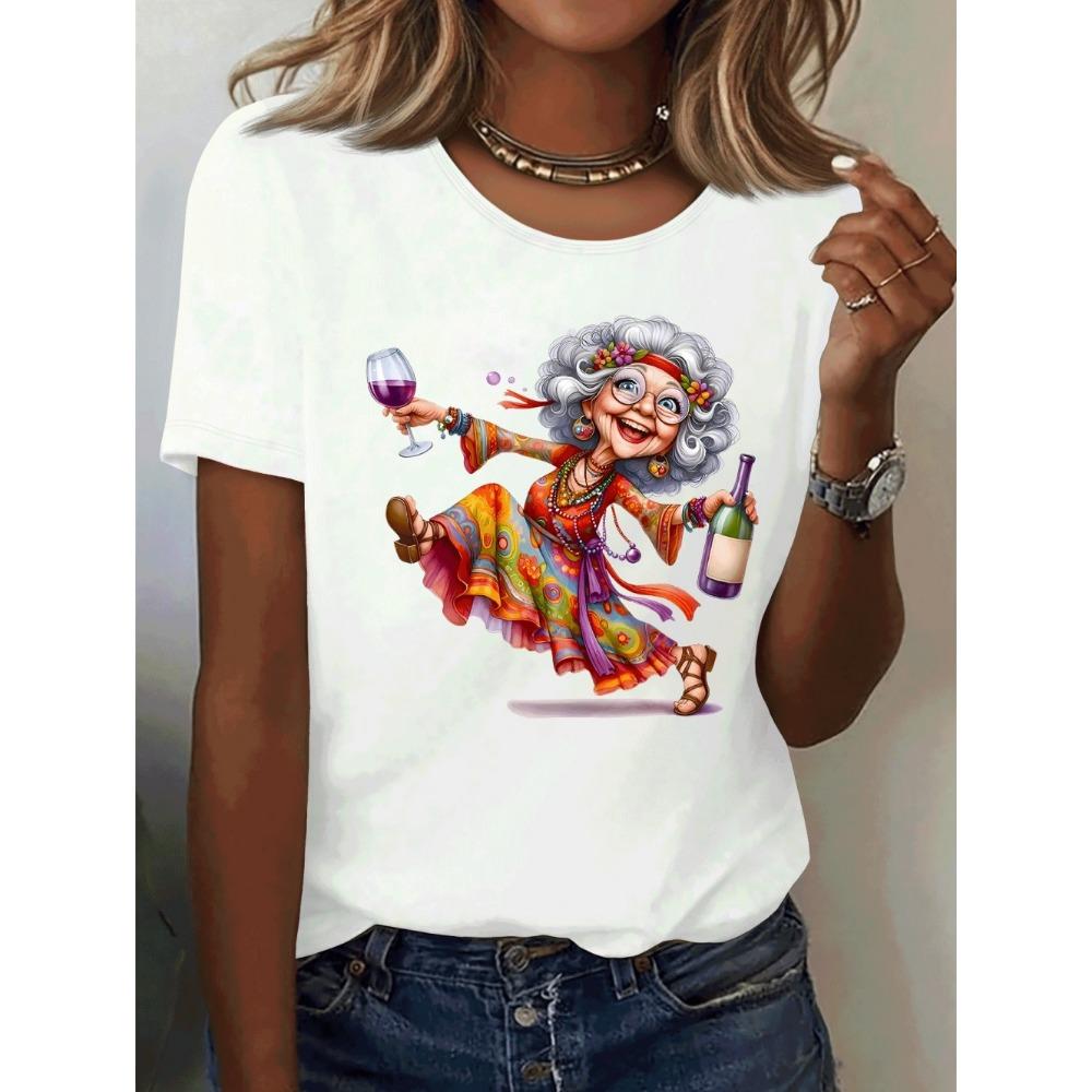 Elegant Granny Graphic Print Women's Summer Casual Short Sleeved T-Shirt Cute Playful Round Neck Tees Top Casual Woman Clothes