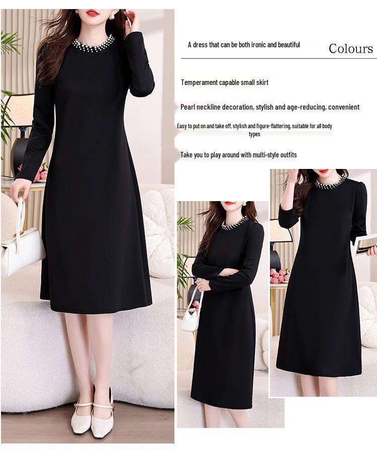Hepburn Style Women's Elegant Black Midi Dress - Versatile Long Sleeve for Spring/Autumn 2026