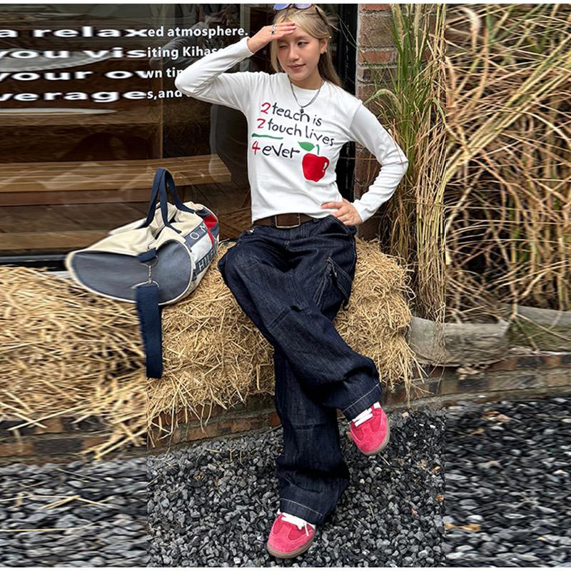 Retro Multi-Pocket Straight Leg Work Pants Loose Fit Jeans Women's 2025 Spring Autumn Trendy Denim Folded Wide Leg Jeans Office Lady Streetwear