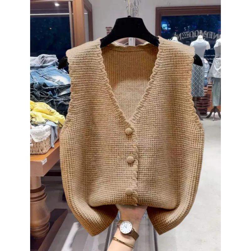 Women Spring V-neck Sleeveless Knitted Vest Fall Solid Color Loose Simple Tops