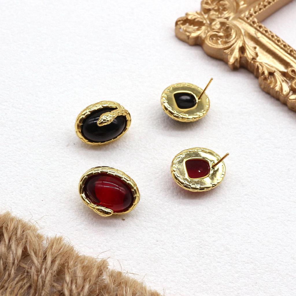 Elegant Gold Snake Stud Earrings - Natural Stone, Luxurious & Versatile Design