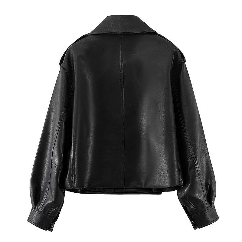 2025 Spring Korean Style Loose Fit Women's Leather Jacket with Long Sleeves