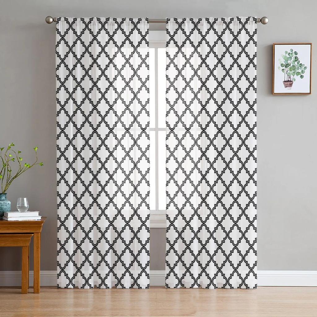 White Geometric Morocco Sheer Curtains Modern Voile Tulle Window Drapes for Living Room Bedroom Decor