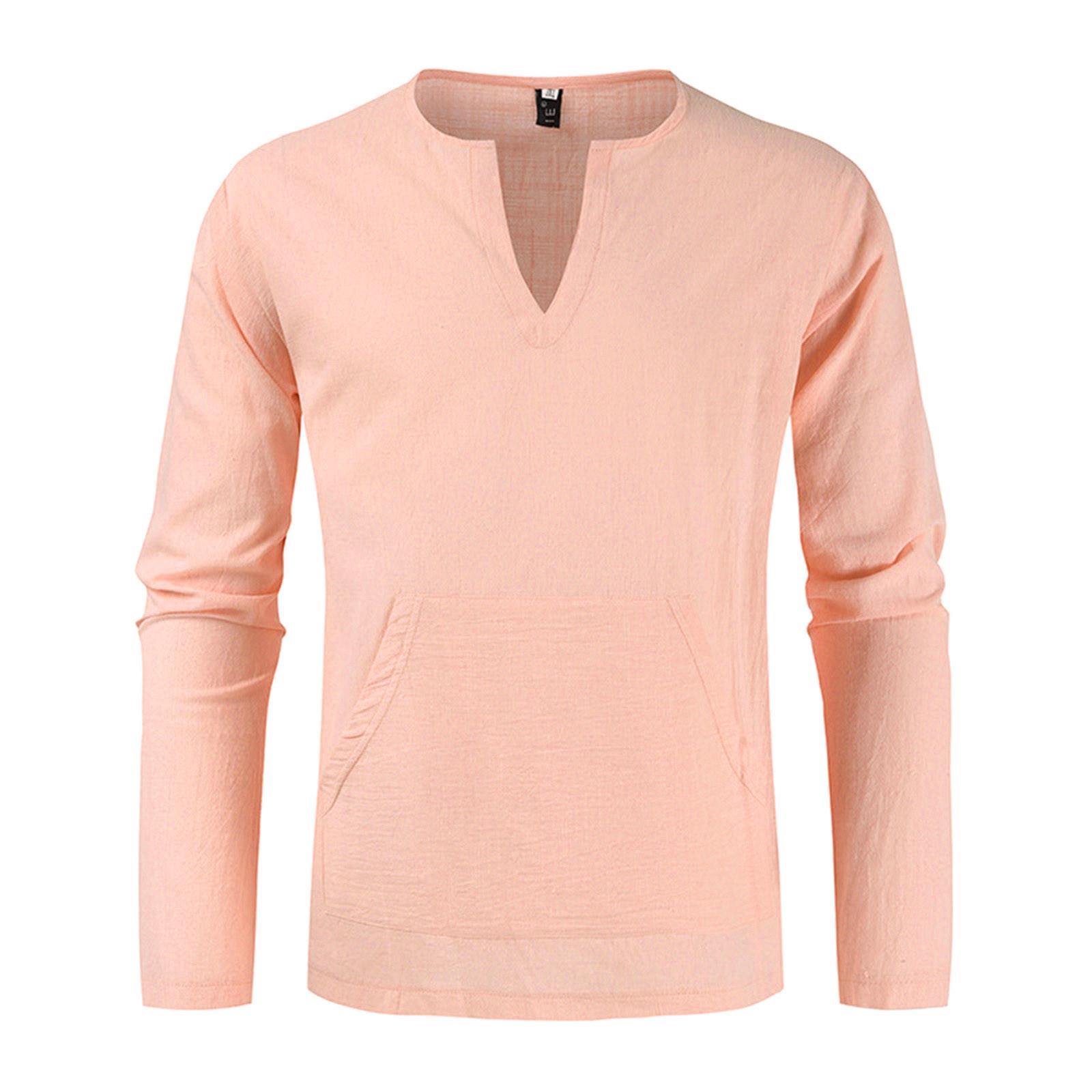 

Мужская весна лето повседневная мода хлопок лен однотонный круглый вырез с длинным рукавом M розовый