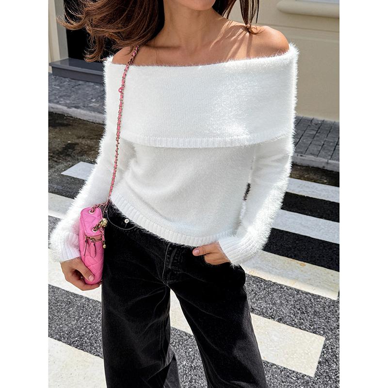 White Knit Sweater Women's One Line Neck Slim Fit Fashion Sexy Off-Shoulder Sweater High Waist Fashion Long Sleeve Knitwear