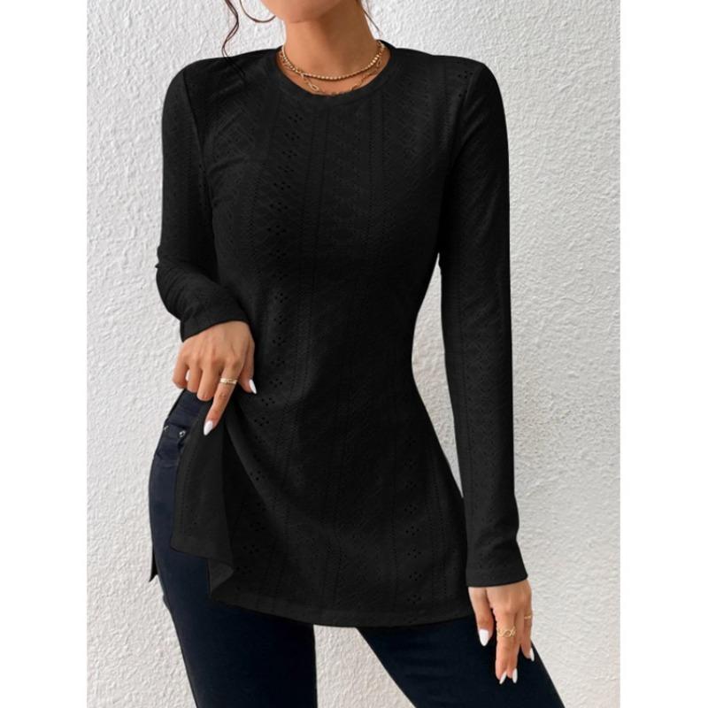 Blusa Lunga da Donna Jacquard Pizzo Spacco Casual Primavera Manica Lunga Slim Fit Camicie Monocolore Girocollo Elegante Moda Casual Ufficio Top Semplici Lavorazione a Rete