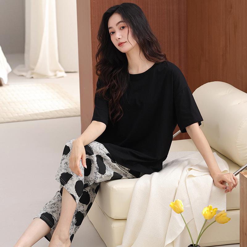 Short-sleeved pajamas women's summer pure cotton 1011 new cropped pants women's summer large-size loungewear suit spring and autumn