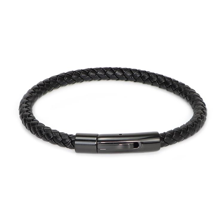 High Quality Leather Rope Woven Customized Stainless Steel Snap Buckle Leather Bracelet Men Leather Woven Bracelet 18cm