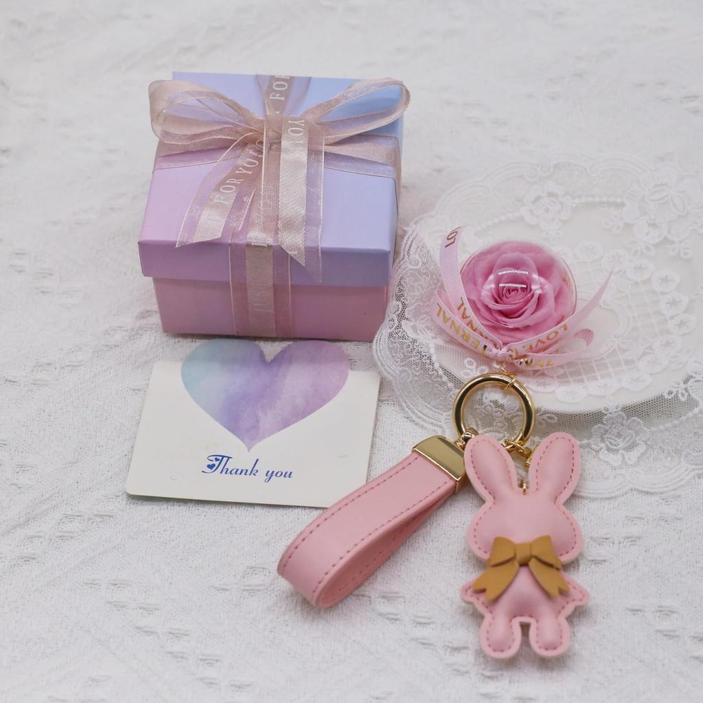 Preserved Flower Keychain Ladies Keychain Day Gift White Day Present Flower that never withers Birthday Gift Popular with Women Cute Rabbit Mother