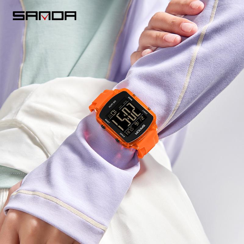 Sanda Dual Time Waterproof Transparent Sports Wristwatch with Colorful Single Display and Student Timer Function