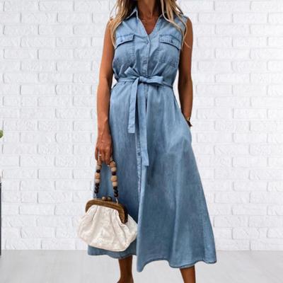 Vändkrage Ärmlös Klänning för Kvinnor Bälte Enfärgad Enkelknäppt Denim Midi-klänning Damkläder