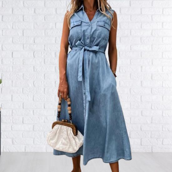 Umlegekragen Ärmelloses Damenkleid Gürtel Einfarbig Einreihig Denim Midikleid Damenbekleidung